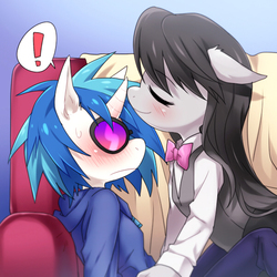 Size: 600x600 | Tagged: safe, artist:re_ghotion, dj pon-3, octavia melody, vinyl scratch, earth pony, unicorn, anthro, g4, blushing, clothes, exclamation point, eyes closed, female, lesbian, ship:scratchtavia, shipping, smiling, sweat