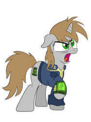 Size: 774x1032 | Tagged: safe, artist:drawponies, oc, oc only, oc:littlepip, pony, unicorn, fallout equestria, angry, clothes, cutie mark, fanfic, fanfic art, female, hooves, horn, insanity, jumpsuit, mare, open mouth, pipboy, pipbuck, simple background, solo, transparent background, upset, vault suit