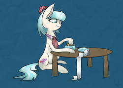 Size: 700x500 | Tagged: safe, artist:legentaryliar, coco pommel, g4, female, rainbow thread, solo, table, thread