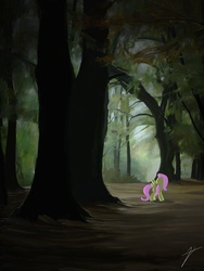 Size: 1401x1859 | Tagged: safe, artist:rathaslayernick, fluttershy, g4, dark, female, forest, scenery, solo