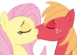 Size: 1024x732 | Tagged: safe, artist:some-pegasister, big macintosh, fluttershy, earth pony, pony, g4, duo, eyes closed, kiss on the lips, kissing, male, ship:fluttermac, shipping, stallion, straight