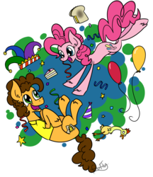 Size: 1658x1918 | Tagged: safe, artist:cuttycommando, cheese sandwich, pinkie pie, g4, balloon, cake, confetti, female, hat, male, sandwich, ship:cheesepie, shipping, straight