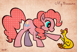 Size: 600x406 | Tagged: safe, artist:rikuta, boneless, pinkie pie, g4, pixiv, rubber chicken