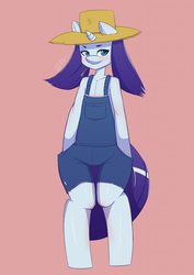Size: 905x1280 | Tagged: safe, artist:gear-zs, rarity, anthro, g4, simple ways, female, hat, overalls, rarihick, smiling, solo, straw hat