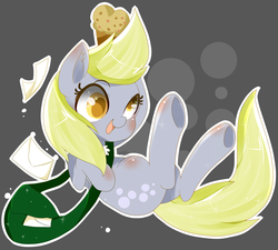Size: 2000x1799 | Tagged: safe, artist:snow angel, derpy hooves, pegasus, pony, g4, female, mailbag, mare, muffin, pixiv, solo