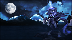 Size: 1920x1080 | Tagged: dead source, safe, artist:mackaged, artist:vipeydashie, edit, princess luna, alicorn, pony, g4, bipedal, female, looking up, magic, moon, rearing, s1 luna, scenery, solo, wallpaper, wallpaper edit