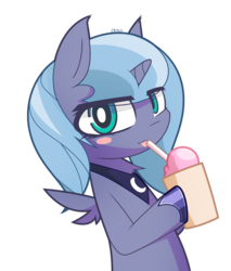 Size: 750x880 | Tagged: safe, artist:aurura, princess luna, alicorn, pony, g4, blushing, female, horn, looking at you, mare, milkshake, pixiv, s1 luna, simple background, solo, tongue out, transparent background, wings