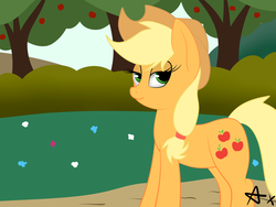 Size: 6500x4875 | Tagged: safe, artist:axioma_dice, applejack, g4, absurd resolution, female, looking at you, solo, tree