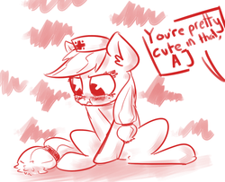 Size: 1280x1039 | Tagged: safe, artist:nobody, applejack, g4, :t, blushing, cute, embarrassed, female, frown, looking down, nurse, scrunchy face, sitting, solo, speech bubble