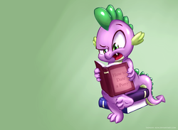 Size: 1200x878 | Tagged: safe, artist:tadashi--kun, spike, g4, book, male, open mouth, reading, solo