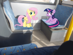 Size: 3648x2736 | Tagged: safe, artist:glitchking123, artist:hundebleonidasx, artist:silentmatten, fluttershy, twilight sparkle, g4, bus, irl, photo, ponies in real life, seat, shadow, sitting, vector