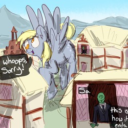 Size: 1280x1282 | Tagged: safe, artist:nobody, derpy hooves, oc, oc:anon, human, pegasus, pony, g4, comic, giant derpy hooves, giant pegasus, giant pony, giantess, hilarious in hindsight, macro, size difference, xk-class end-of-the-world scenario