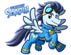 Size: 1276x992 | Tagged: safe, artist:bcpony, soarin', pegasus, pony, g4, goggles, looking at you, male, simple background, solo, stallion, text, transparent background, wonderbolts uniform