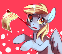 Size: 1200x1046 | Tagged: safe, artist:cherivinca, derpy hooves, pegasus, pony, g4, rainbow falls, female, flag, mouth hold, red background, simple background, smiling, solo