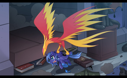 Size: 1200x739 | Tagged: safe, artist:jinzhan, philomena, princess luna, alicorn, phoenix, pony, g4, bad end, book, carrying, crying, filly, flying, frown, open mouth, peril, scared, spread wings, story included, woona, woonabuse, younger