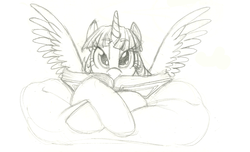 Size: 4200x2548 | Tagged: safe, artist:prismspark, twilight sparkle, alicorn, pony, g4, book, female, mare, monochrome, solo, traditional art, twilight sparkle (alicorn)