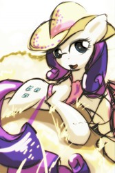 Size: 853x1280 | Tagged: safe, artist:ruby, rarity, pony, unicorn, g4, female, hat, looking at you, prone, rhinestone rarihick, solo