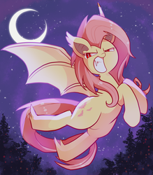 Size: 981x1118 | Tagged: safe, artist:powaito, fluttershy, bats!, g4, my little pony: friendship is magic, fangs, female, flutterbat, moon, solo