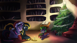 Size: 1920x1080 | Tagged: safe, artist:seyllah, spike, twilight sparkle, oc, oc:zephyr, alicorn, pony, g4, candle, canon x oc, christmas tree, cuddling, female, hearth's warming eve, mare, present, snuggling, spikelove, tree, trio, twilight sparkle (alicorn), twiphyr