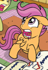 Size: 161x233 | Tagged: safe, artist:tonyfleecs, idw, official comic, apple bloom, scootaloo, pegasus, pony, friends forever, g4, spoiler:comic, spoiler:comicff2, cropped, faic, female, filly, foal, open mouth, solo focus