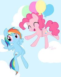 Size: 795x1006 | Tagged: safe, artist:niji cookies, pinkie pie, rainbow dash, g4, balloon, then watch her balloons lift her up to the sky