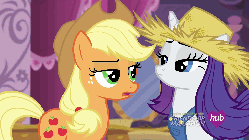 Size: 1920x1080 | Tagged: safe, screencap, applejack, rarity, earth pony, pony, unicorn, g4, season 4, simple ways, animated, duo, female, looking at each other, looking at someone, mare, pushing, rarihick