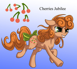 Size: 1500x1350 | Tagged: safe, artist:starbat, cherries jubilee, earth pony, pony, g1, blue background, bow, cutie mark, female, gradient background, running, simple background, solo, tail bow