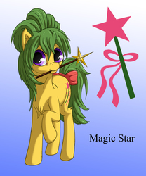 Size: 1500x1800 | Tagged: safe, artist:starbat, magic star, pony, unicorn, g1, blue background, bow, cutie mark, female, gradient background, hair up, magic wand, mouth hold, raised hoof, simple background, solo, tail bow