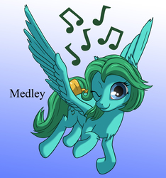 Size: 1500x1600 | Tagged: safe, artist:starbat, medley, pegasus, pony, g1, blue background, bow, cutie mark, female, flying, gradient background, music notes, one eye closed, simple background, solo, tail bow