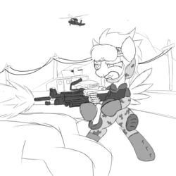 Size: 2600x2600 | Tagged: safe, artist:flashiest lightning, oc, oc only, pegasus, pony, camouflage, humvee, m249, monochrome, saw (gun), solo, uh-60, war