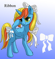 Size: 1500x1600 | Tagged: safe, artist:starbat, ribbon (g1), pony, unicorn, g1, g4, blue background, bow, chest fluff, cutie mark, female, g1 to g4, generation leap, gradient background, hair bow, hoof on head, mare, ribbon, simple background, solo, tail bow