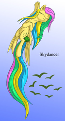 Size: 1500x2800 | Tagged: safe, artist:starbat, skydancer, pegasus, pony, g1, g4, blue background, bow, cutie mark, eyes closed, female, flying, g1 to g4, generation leap, gradient background, long tail, simple background, solo, tail bow