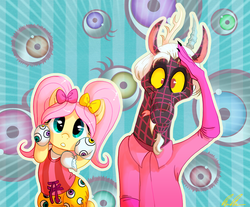 Size: 905x750 | Tagged: safe, artist:c-puff, discord, fluttershy, draconequus, pegasus, pony, g4, :o, bipedal, bow, clothes, cosplay, cute, discute, eye, eyes, female, hair bow, looking at you, male, mare, parody, ponponpon, salute, ship:discoshy, shipping, shyabetes, smiling, smiling at you, straight