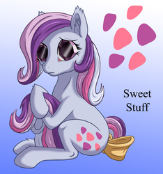 Size: 1500x1600 | Tagged: safe, artist:starbat, sweet stuff, earth pony, pony, twinkle eyed pony, g1, blue background, bow, cutie mark, female, gradient background, simple background, sitting, solo, tail, tail bow