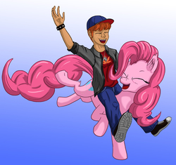 Size: 1200x1129 | Tagged: safe, artist:starbat, danny williams, pinkie pie, human, pony, g1, g4, blue background, generation leap, gradient background, happy, humans riding ponies, riding, simple background