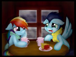 Size: 1024x768 | Tagged: safe, artist:nicolethebluepony, rainbow dash, soarin', g4, clothes, coffee, eating, eye contact, female, floppy ears, male, messy eating, mug, pie, scarf, ship:soarindash, shipping, sitting, smiling, spread wings, straight, table, that pony sure does love pies, tongue out, window