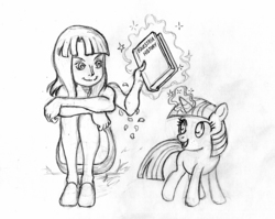 Size: 802x638 | Tagged: safe, artist:irie-mangastudios, twilight sparkle, g4, book, child, crossover, filly, monochrome, nico robin, one piece, pencil drawing
