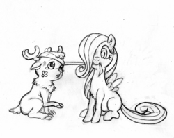 Size: 802x638 | Tagged: safe, artist:irie-mangastudios, fluttershy, fawn, reindeer, g4, bandage, crossover, filly, monochrome, one piece, pencil drawing, tony tony chopper