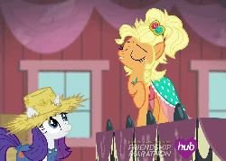 Size: 1400x1000 | Tagged: safe, screencap, applejack, rarity, earth pony, pony, unicorn, g4, simple ways, animated, applejack also dresses in style, applejack is best facemaker, applejewel, barn, fancyjack, female, rarihick, role reversal, sweet apple acres, tail, tail hole