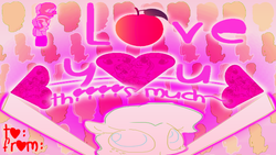 Size: 640x360 | Tagged: safe, artist:notsofrequentuser, artist:weaver, edit, chickadee, ms. harshwhinny, ms. peachbottom, g4, arrow, card, cookie, heart, love, peach, pink, valentine's day, valentine's day card