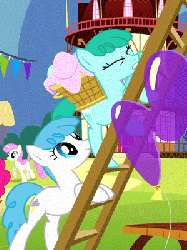 Size: 300x400 | Tagged: safe, screencap, lightning bolt, spring melody, sprinkle medley, twinkleshine, white lightning, earth pony, pony, g4, pinkie pride, :o, animated, animation error, background pony, balloon, climbing, eyes closed, female, gritted teeth, headbutt, ladder, mare, out of context, pushing, rump push, smiling, struggling, surprised, wingless