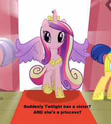 Size: 451x502 | Tagged: safe, edit, edited screencap, screencap, flash sentry, princess cadance, alicorn, pony, g4, three's a crowd, fail, female, jontron thread, mare, offscreen character, slowpoke, smiling, solo, spread wings, walking