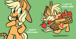 Size: 1280x652 | Tagged: safe, artist:fauxsquared, applejack, g4, anatomically incorrect, apple, basket, female, food, incorrect leg anatomy, solo, talking, workaholic