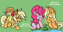 Size: 1280x652 | Tagged: safe, artist:fauxsquared, apple bloom, applejack, pinkie pie, frog, g4, accessory swap, anatomically incorrect, animal, cute, frog inspector applejack, incorrect leg anatomy, jackabetes, slice of life