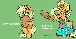 Size: 1280x652 | Tagged: safe, artist:fauxsquared, applejack, earth pony, pony, g4, applejack also dresses in style, applejewel, bipedal, clothes, dress, dressup, female, solo