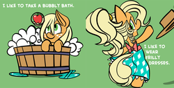 Size: 1280x652 | Tagged: safe, artist:fauxsquared, applejack, earth pony, pony, g4, apple, applejack also dresses in style, applejewel, bath, bipedal, clothes, dress, female, solo