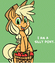 Size: 571x651 | Tagged: safe, artist:fauxsquared, edit, applejack, earth pony, pony, g4, apple, basket, bipedal, female, gif, hat, non-animated gif, silly, silly pony, solo, truth, who's a silly pony
