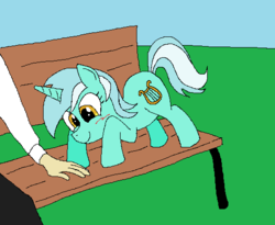 Size: 518x424 | Tagged: safe, artist:hyolark, lyra heartstrings, human, pony, unicorn, g4, bench, blushing, hand, humie, ms paint, that pony sure does love hands