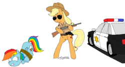 Size: 1052x567 | Tagged: safe, artist:hyolark, applejack, rainbow dash, earth pony, pegasus, pony, g4, arrested, bipedal, car, clothes, gun, hat, ms paint, police, police car, sheriff, sheriffjack, shotgun, sunglasses, tied, weapon