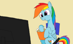 Size: 841x511 | Tagged: safe, artist:hyolark, rainbow dash, pegasus, pony, g4, backwards cutie mark, female, ms paint, popcorn, sitting, solo, television